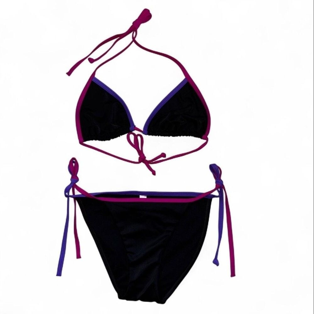 VTG Y2k 2004 Victoria's Secret Black Bikini Set Pink Purple Strings Grail Beach